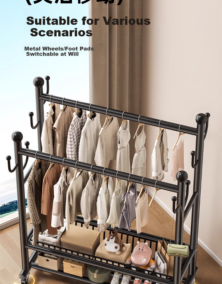 Yixuan Floor Clothes Rack Coat Hanger Bedroom Garment Rack Thickened Sturdy Drying Rack Storage Rack 9