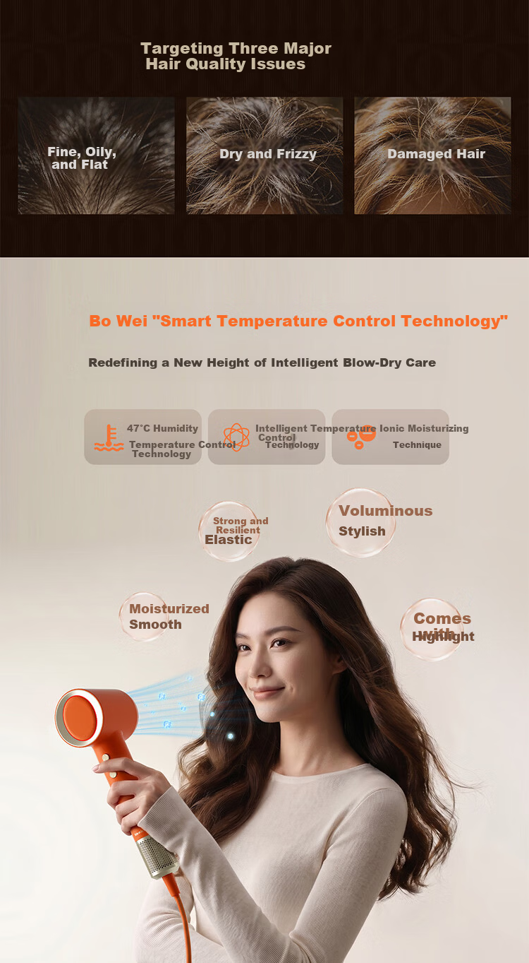 Bowei 47° Smart AI Temperature-Controlled High-Speed Hair Dryer B06 Temperature Master High Power Home Quick-Dry Plasma Hair Dryer for Women Damage-Free 520 Gift 2