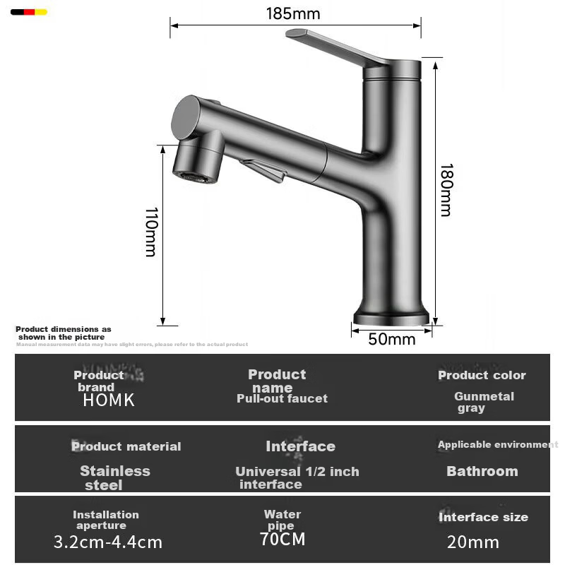 HOMK German Basin Faucet Pull-Out Hot and Cold Water Mixer for Bathroom Sink