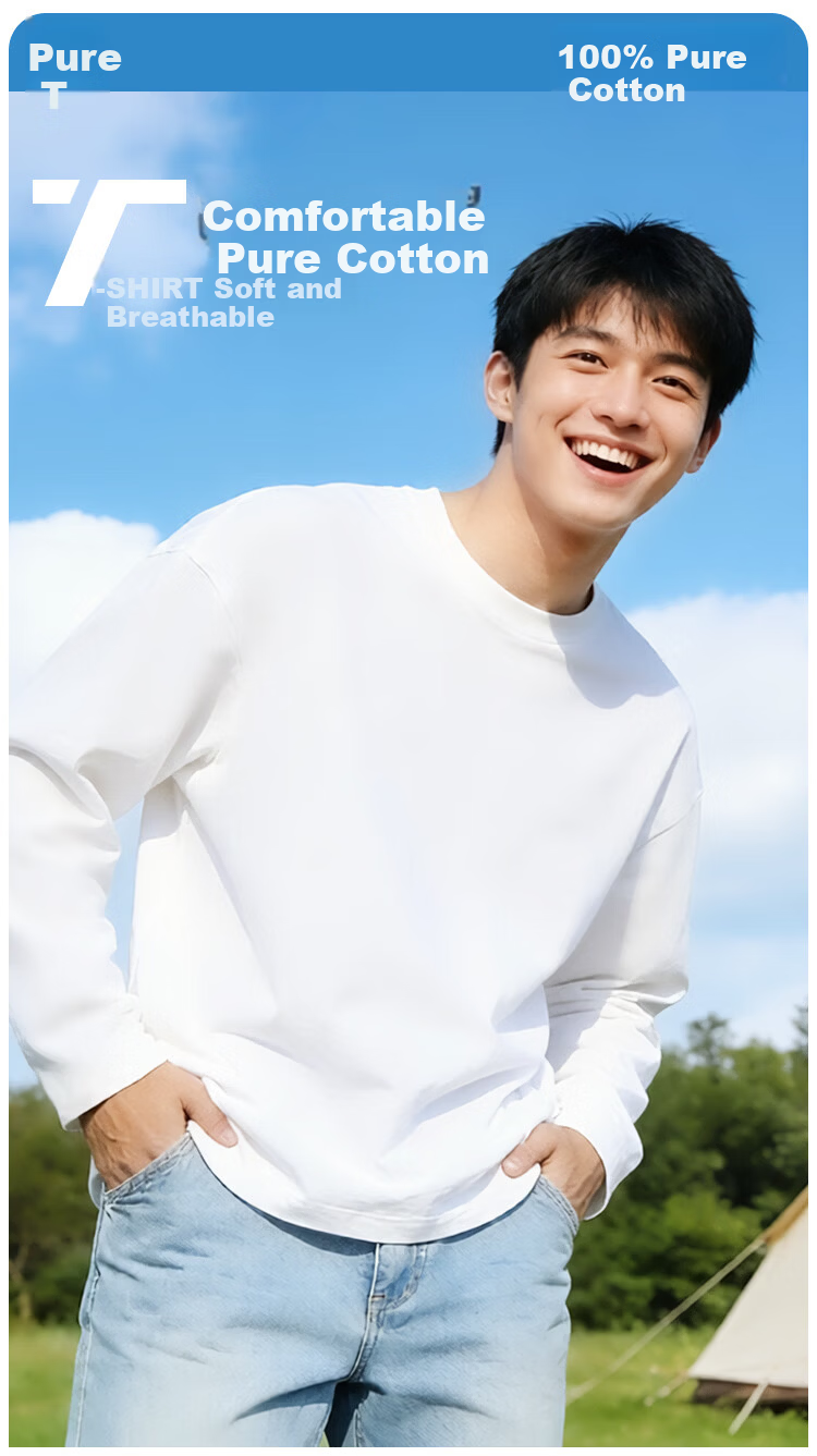 Nanjiren Long Sleeve T-Shirt Men Spring Autumn Basic Solid Color Crew Neck Loose Fit Pure Cotton Top Unisex 1