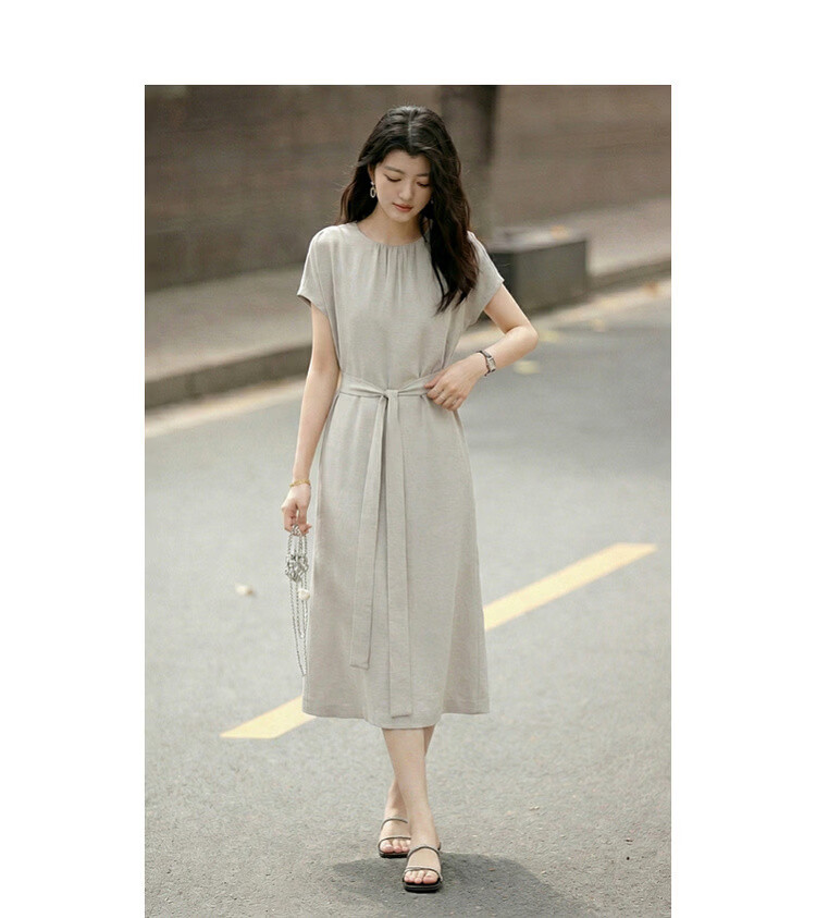 Demana Natural Linen Summer Elegant Round Neck Fabric Belt Loose Petite Mid-Length Dress for Women 9