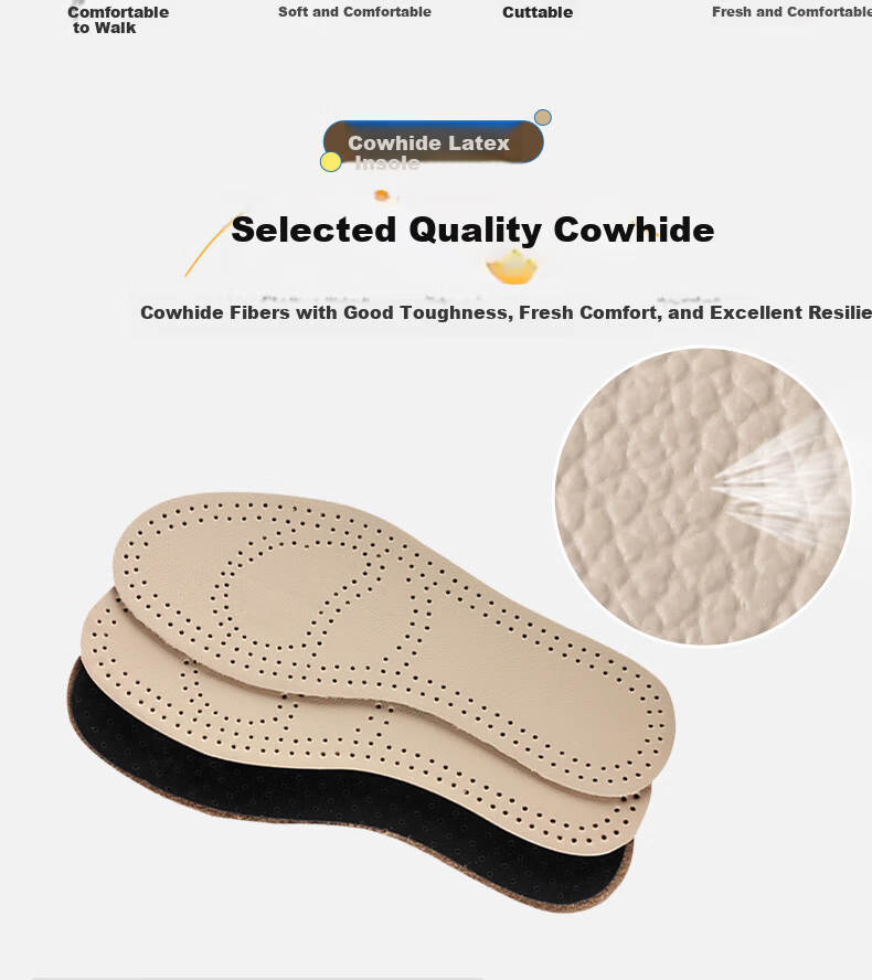 Huabaochi 2 Pairs Leather Insoles Men Breathable Sweat-Absorbing Odor-Resistant Genuine Cowhide Soft Latex Thin Summer Women's Shoe Insoles 6