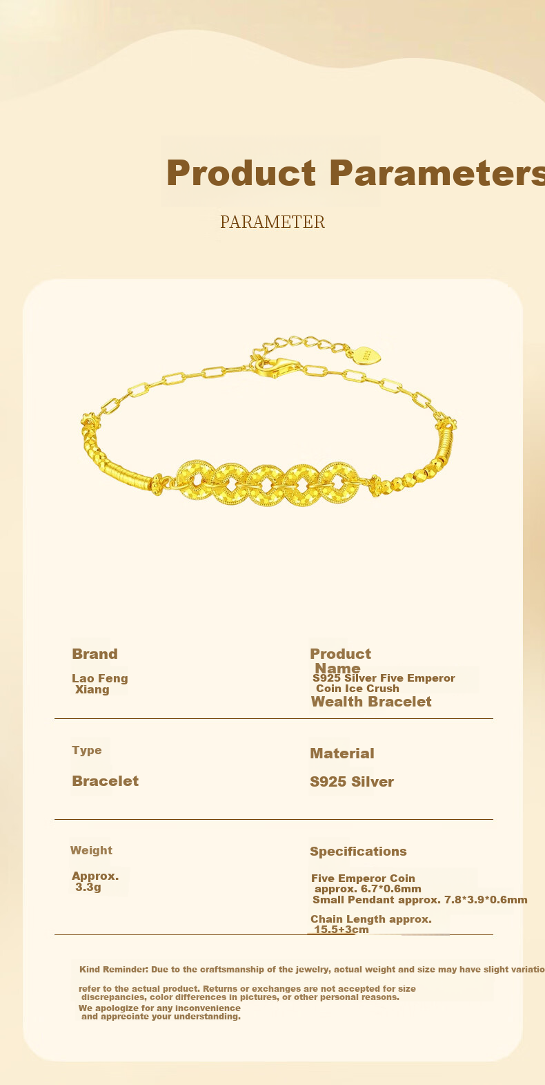 Lao Feng Xiang S925 Silver Five Emperor Coins Ice Fragment Wealth Bracelet Adjustable Women's Valentine's Day Gift for Girlfriend 6