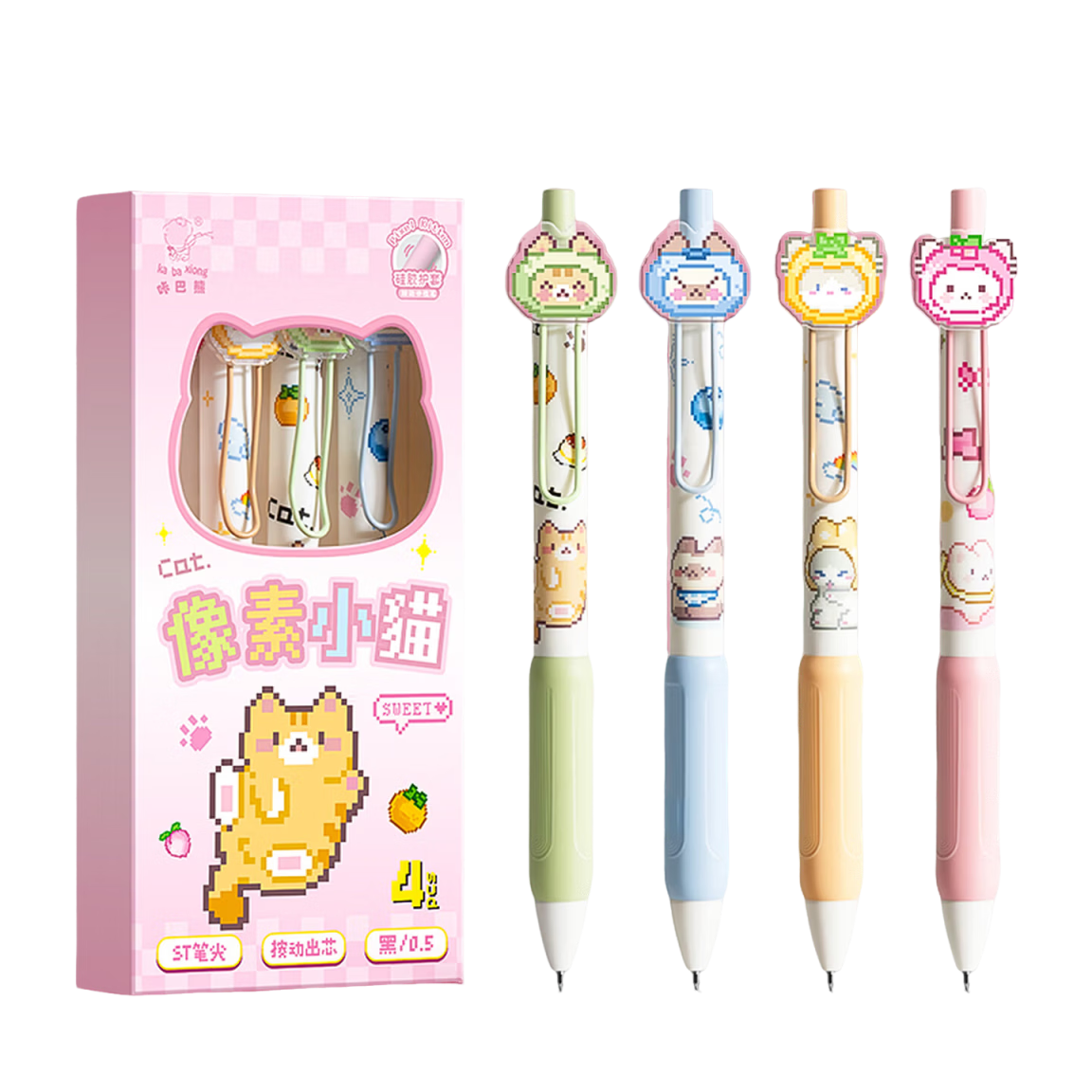 Kaba Bear Click Pixel Sticker Pen 4-Pack Posture Correcting Soft Grip Black 0.5mm Gel Pen Cute Student Quick-Dry ST Tip Exam Pen Pixel Cat