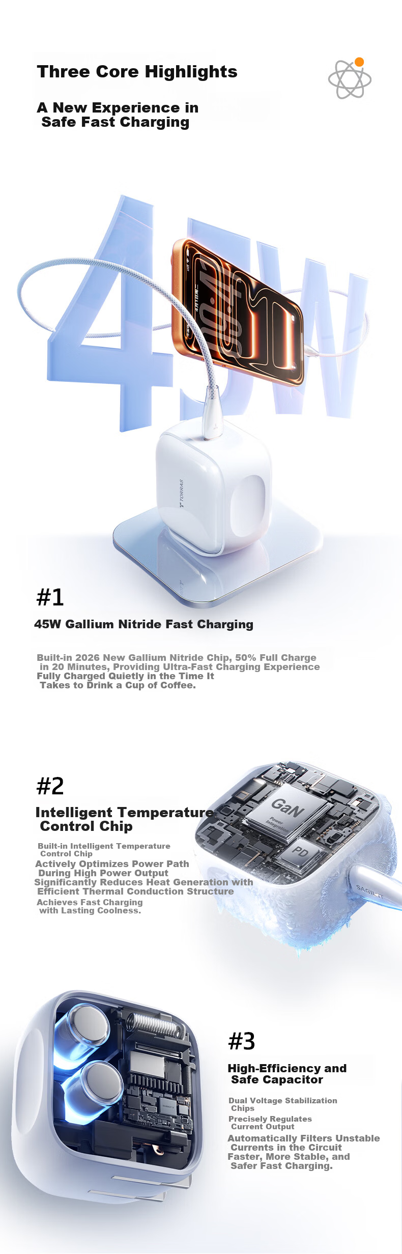 Torras Apple 17Pro Charger [2026 Major New Release] iPhone 17 Pro Max Gallium Nitride 45W Low-Temperature Mini Ice Lite Fast Charger Compatible with iPhone 16 Original 15 6