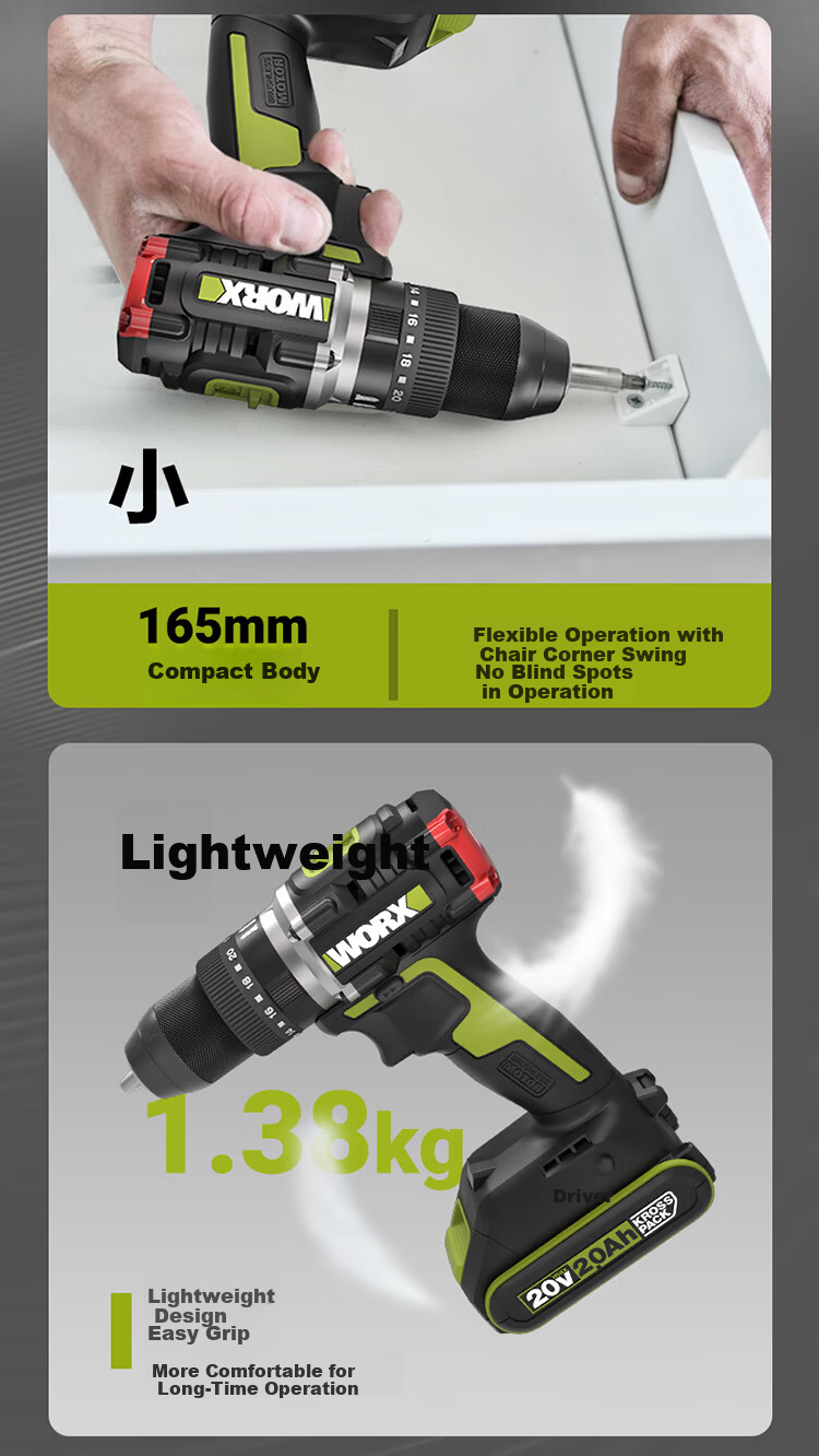 Worx 20V Brushless Impact Drill WU369.9 (Bare Tool) Cordless Lithium Battery Handheld Drill for Concrete Wall Drilling 13
