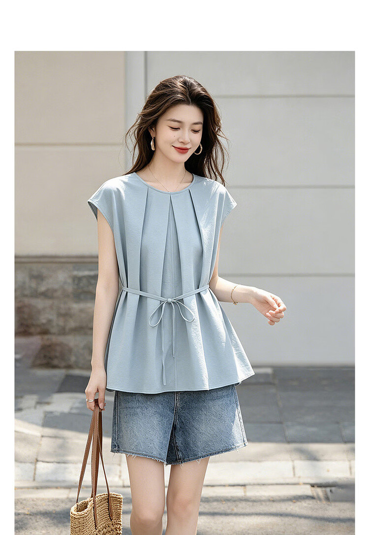 Demana Sun Protection Quick-Dry Sorona Summer Simple Style Pleated Round Neck Cap Sleeve Self-Fabric Belt Shirt for Women Premium Feel 3