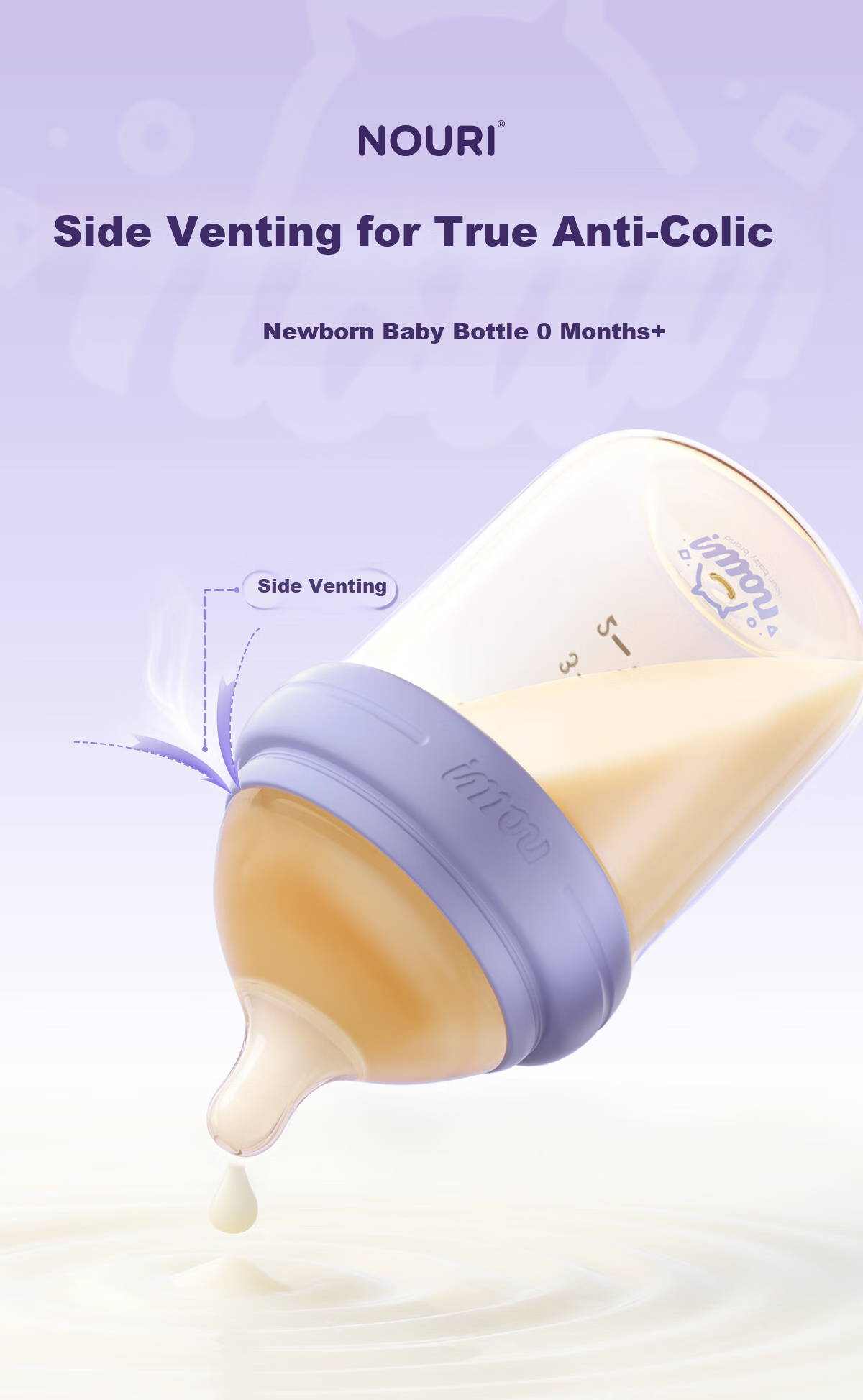 NOURI Newborn Baby Bottle 0-12 Months Anti-Choke Anti-Colic Nipple Feeding Cup PPSU Quiet Purple 240ml 1