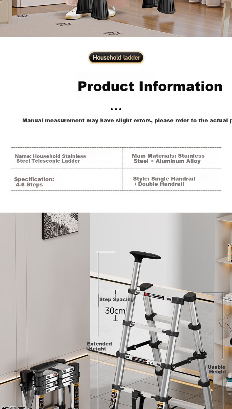 Yilin Home Folding Telescopic Indoor Multi-Functional Stainless Steel Portable Thickened Step Ladder - BS5 Steps 17