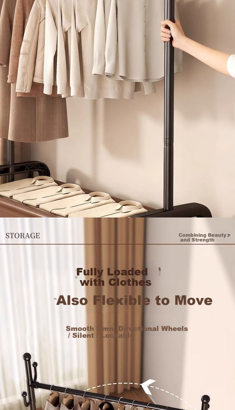Hakkai Bird Floor Clothes Drying Rack Home Bedroom Garment Rack Mobile with Wheels Indoor Storage Coat Rack 6