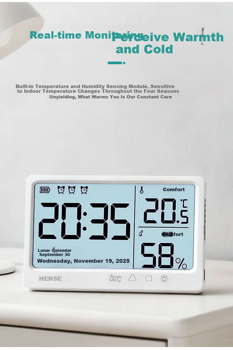 Hense Temperature And Humidity Magnetic Electronic Clock, Living Room Kitchen Timepiece, Desktop Digital Display Screen, Student-Specific Wake-Up Device, HAMY12 Rechargeable Model 10