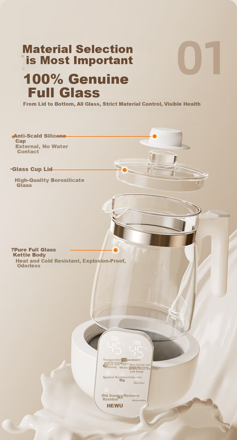 HeWu Full Glass Temperature-Controlled Kettle Baby Thermostat Kettle Milk Warmer Baby Formula Warmer Electric Hot Water Kettle 8
