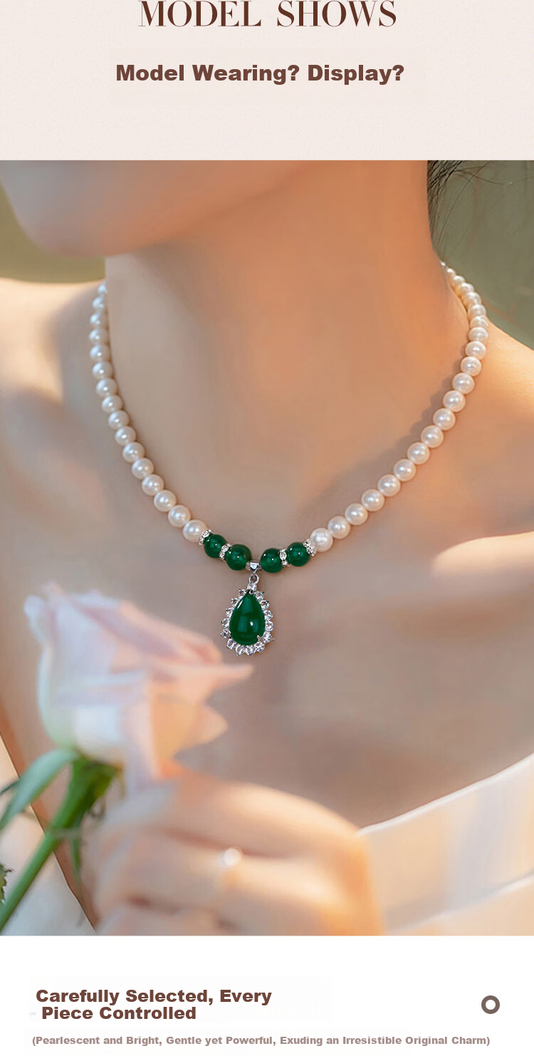 Elegant Faux Pearl Bead Necklace with Green Agate Pendant Jewelry Set of 3 Birthday Gift for Girlfriend, Mom, and Elders 4