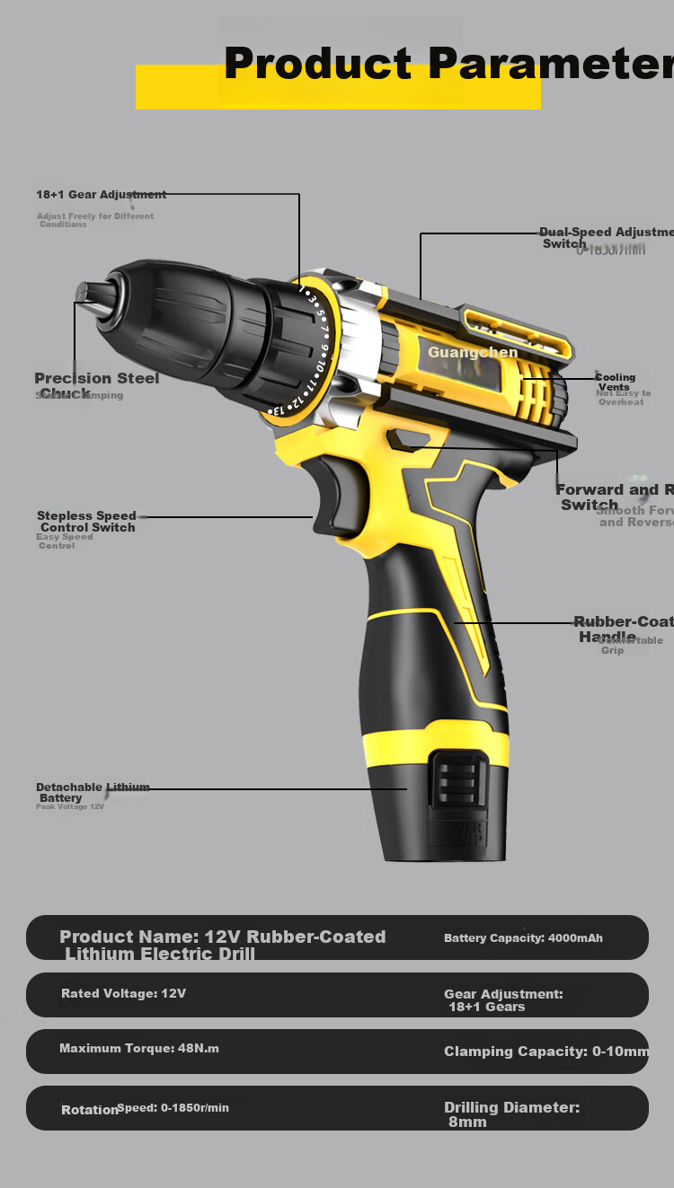 Guangchen Cordless Electric Screwdriver Drill Wall Drilling Lithium Battery Handheld Drill Tool Kit Complete Home Hardware Set 7