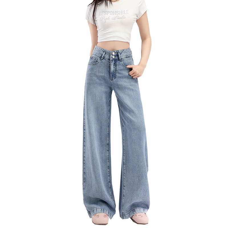 Langsha Tencel Denim Wide-Leg Pants for Women High Waist Slimming Lightweight Spring Summer New Loose Ice Silk Straight-Leg Trousers