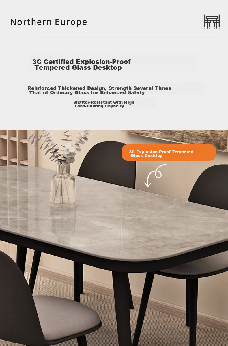 Fanshe Home Dining Table Marble Pattern Simple Small Apartment Rectangular Tempered Glass Dining Table for 4-6 People 8