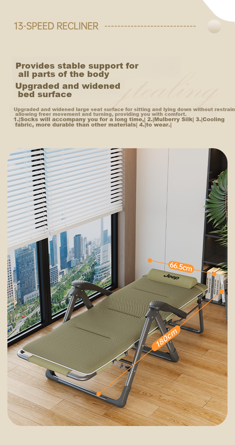 JEEP Folding Bed Recliner Office Nap Bed Single Nap Chair Care Bed Folding Chair Military Cot Thickened Cotton Pad 6