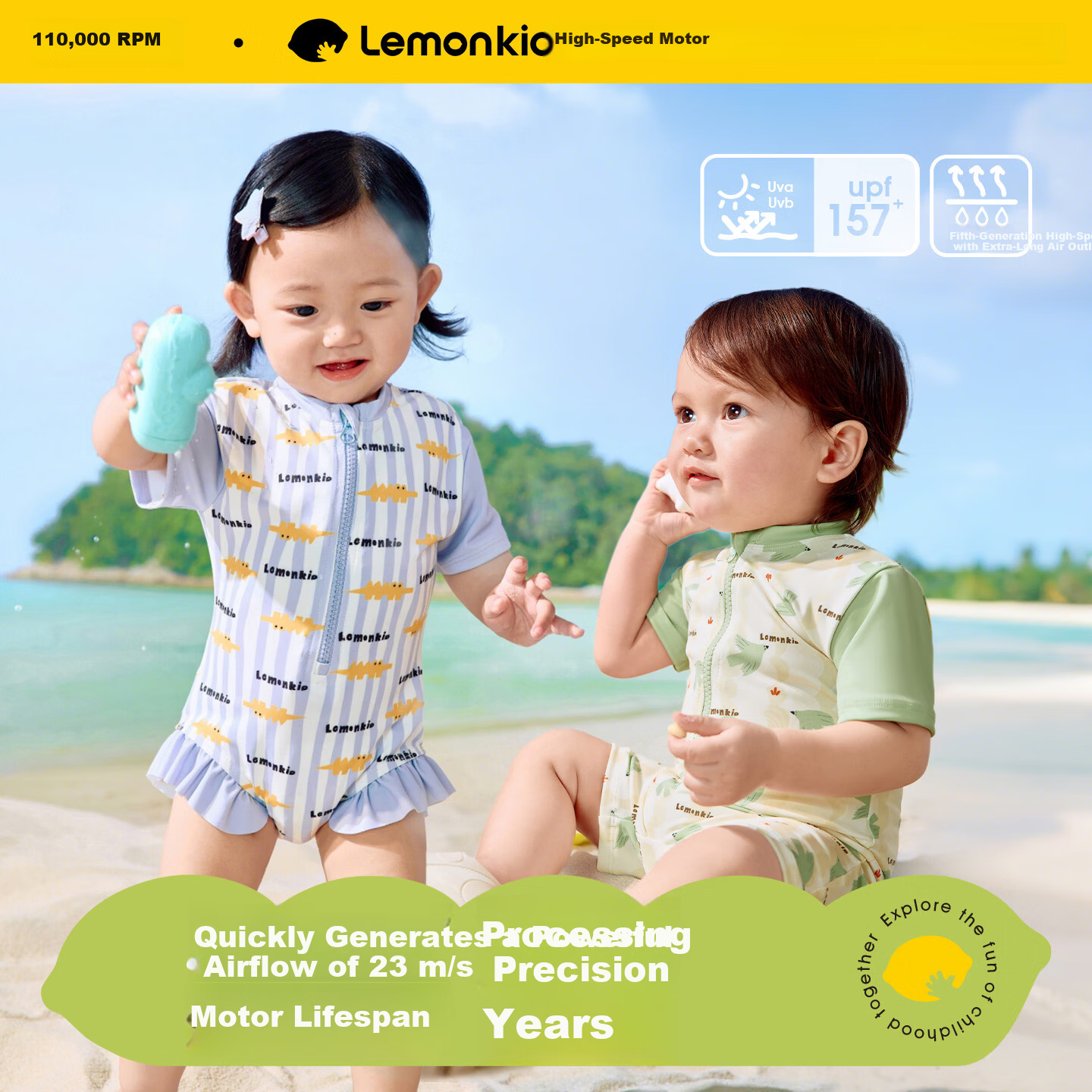 Lemonkid Baby Swimwear Unisex Kids Sun Protection Short Sleeve One-Piece Swimsuit Cute Toddler Swimwear