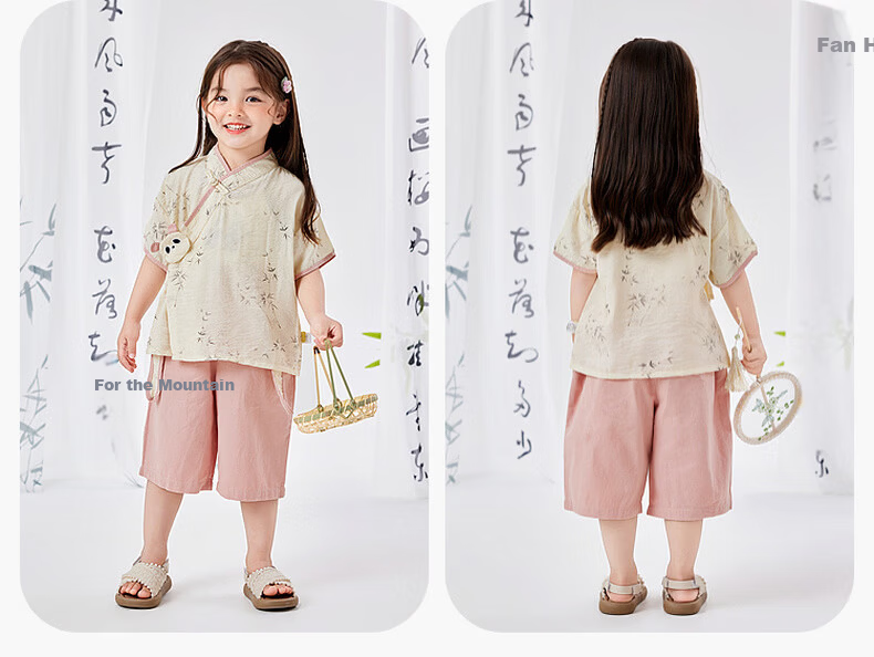 Dudu Baby New Chinese Style Summer Set Children's National Style Two-Piece Boys Short Sleeve Girls Shorts Summer Outfit Pink 90cm 23