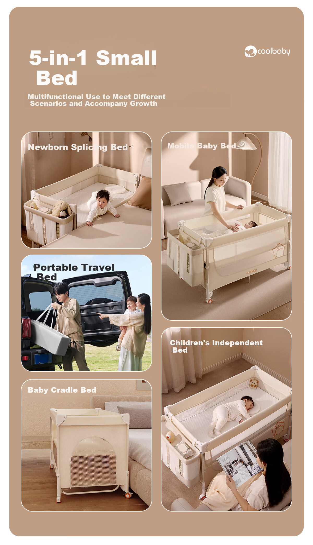 Coolbaby Baby Crib Adjustable Seamless Bed Rail Multifunctional Portable Baby Bed Rice [Flagship Model] 8