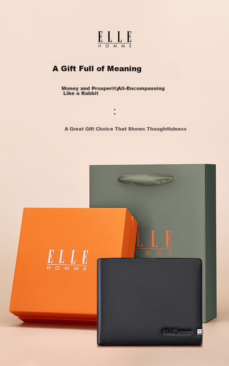 ELLE HOMME French brand men's wallet, short genuine leather pouch, cowhide money clip, birthday gift for husband or father on Father's Day 1