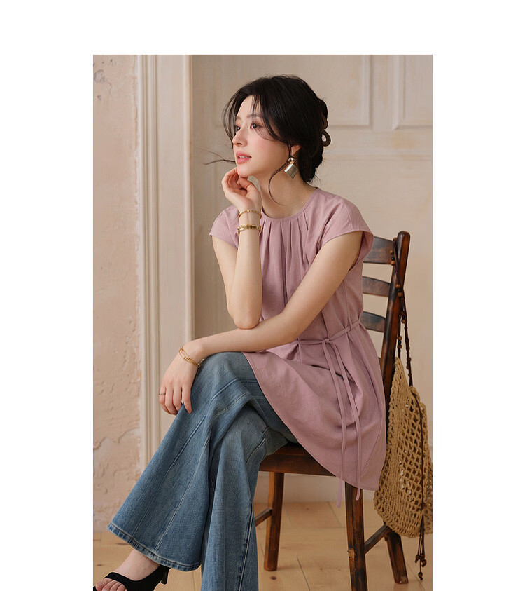 Demana Sun Protection Quick-Dry Sorona Summer Simple Style Pleated Round Neck Cap Sleeve Self-Fabric Belt Shirt for Women Premium Feel 13