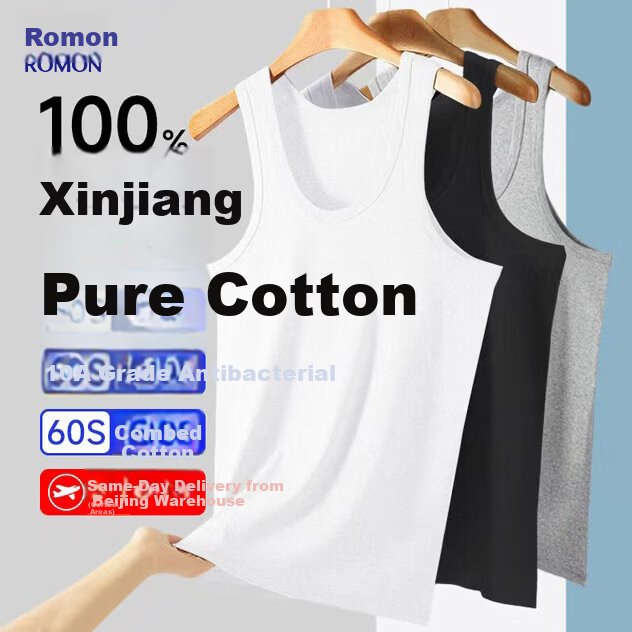 ROMON Men's Summer Cotton Vest 100% Cotton Loose Fit Large Size Undershirt Tank Top