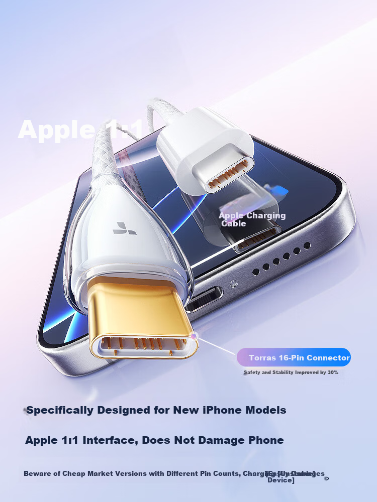 Torras Apple Charging Cable [Ice Gold Line · Low Temperature Protection] iPhone 17 Pro Max Data Cable with Dual Type-C Fast Charging Heads Compatible with iPhone 16-15 Series Car Fast Charging 2