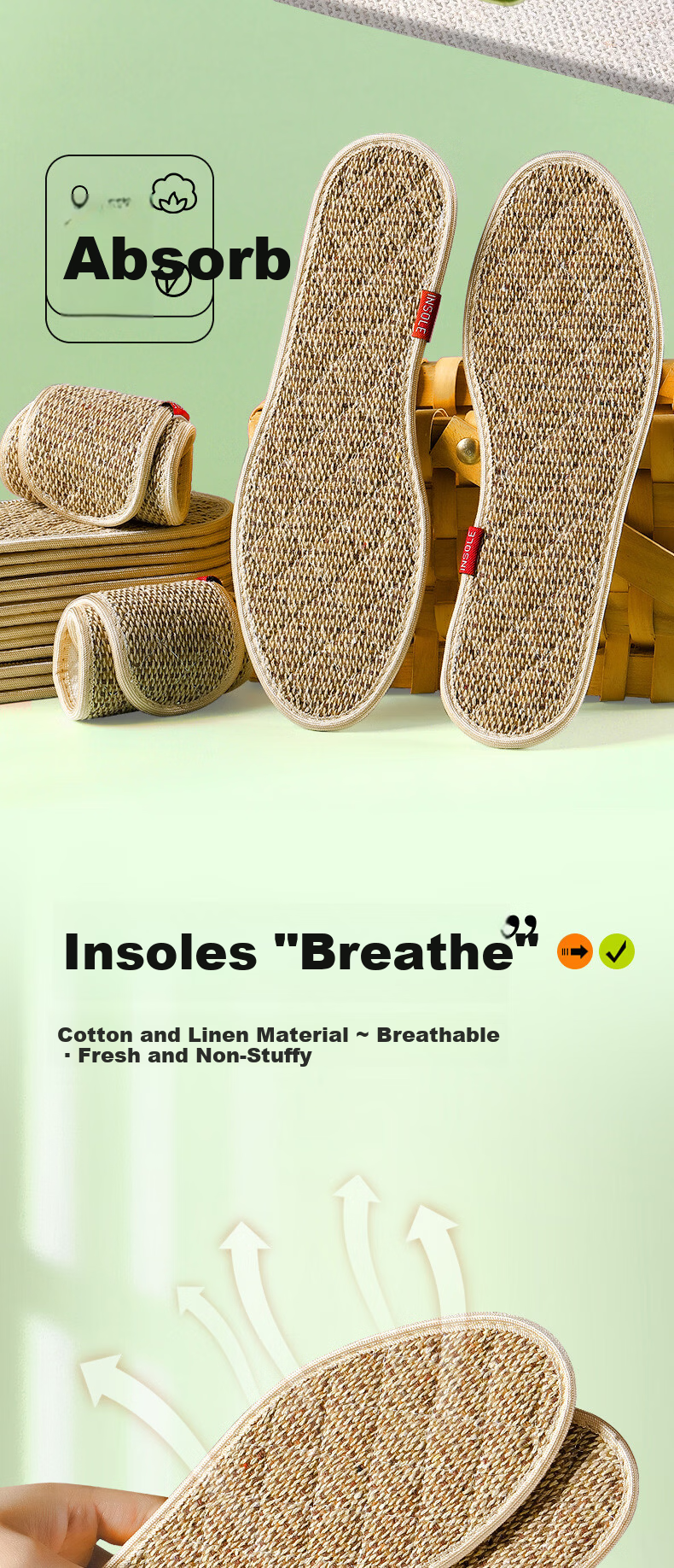 JVBV Mugwort Cotton-Linen Odor-Resistant Insoles for Men, Sweat-Absorbing, Breathable, Handmade Pure Cotton Fabric, Women's Leather Shoe Deodorizer with Long-Lasting Fragrance, Size 41 6