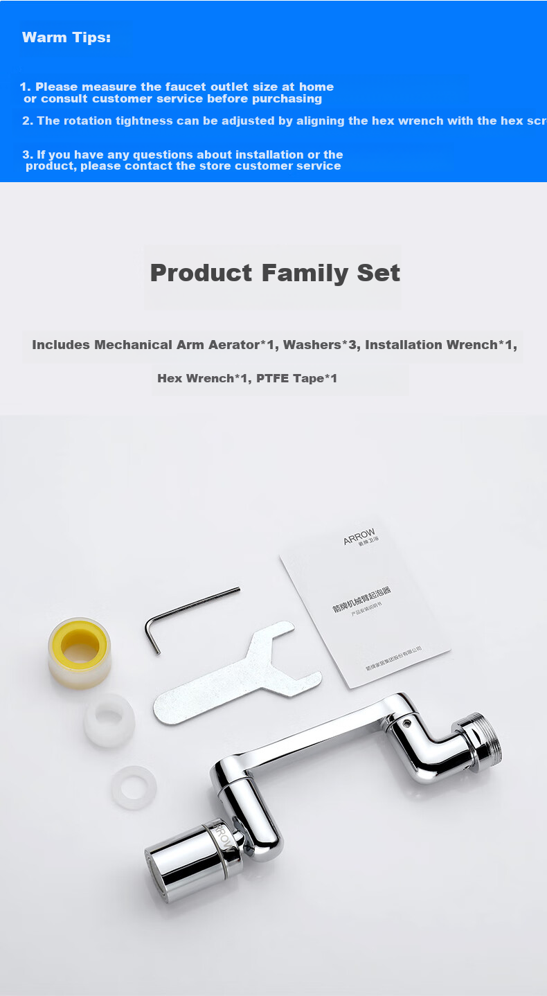 ARROW Mechanical Arm Faucet Aerator Universal Rotation Four Water Outlet Modes Extender Splash-Proof Head AE59130CP 12