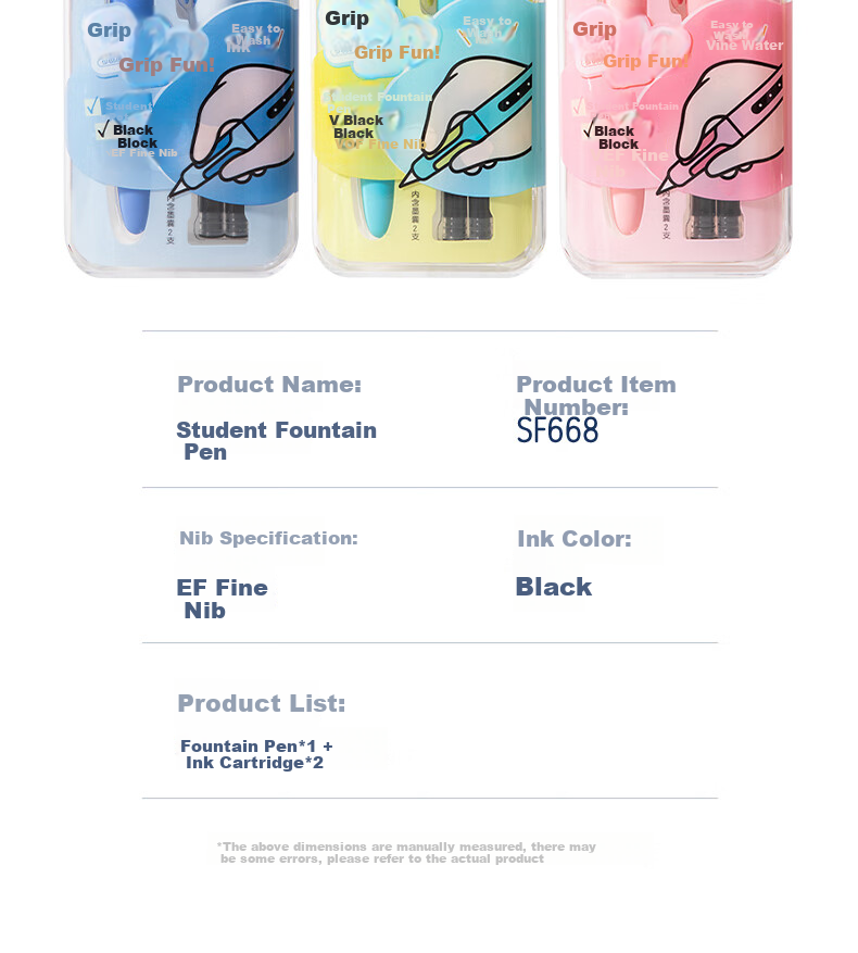 Deli Grip Fun Posture Correction Easy Wash Student Fountain Pen EF Nib Corrective Student Stationery (1 Pen + 2 Black Ink Cartridges) SF668 EF Nib (Approx. 0.38mm) Color Random 9