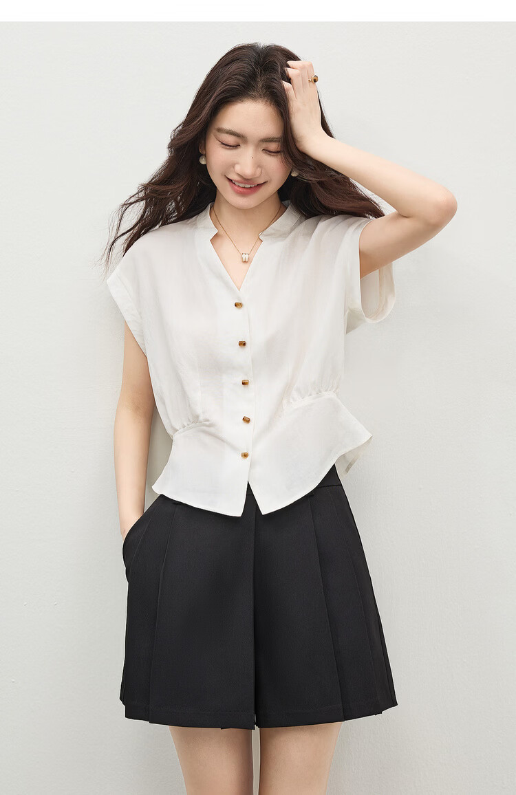 Shangdu Bila Linen Blend Stand Collar Shirt for Women Spring Summer Color-Block Button Slim Fit Flutter Sleeve Waist-Defined Short Sleeve Elegant Top 14