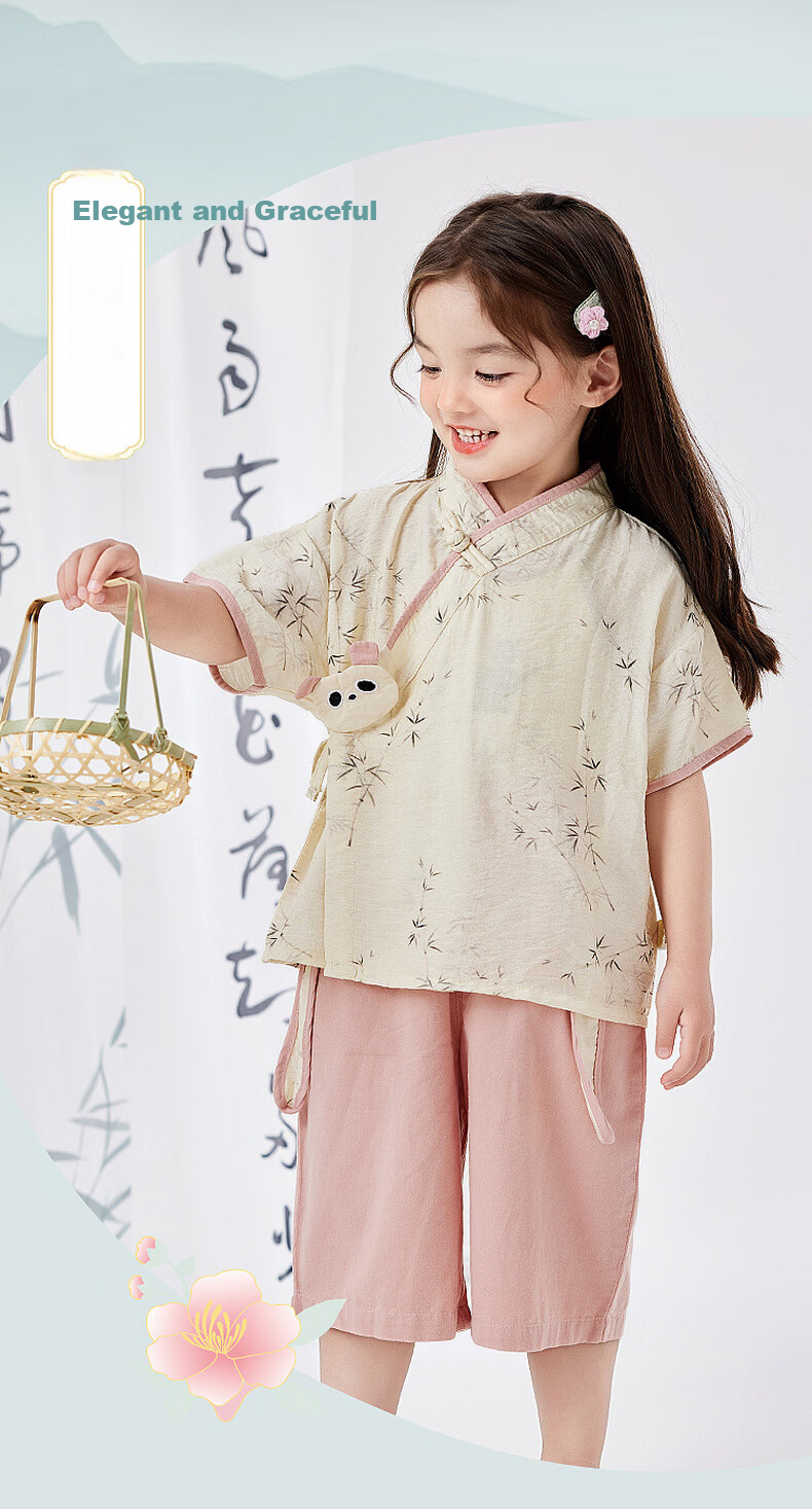 Dudu Baby New Chinese Style Summer Set Children's National Style Two-Piece Boys Short Sleeve Girls Shorts Summer Outfit Pink 90cm 12