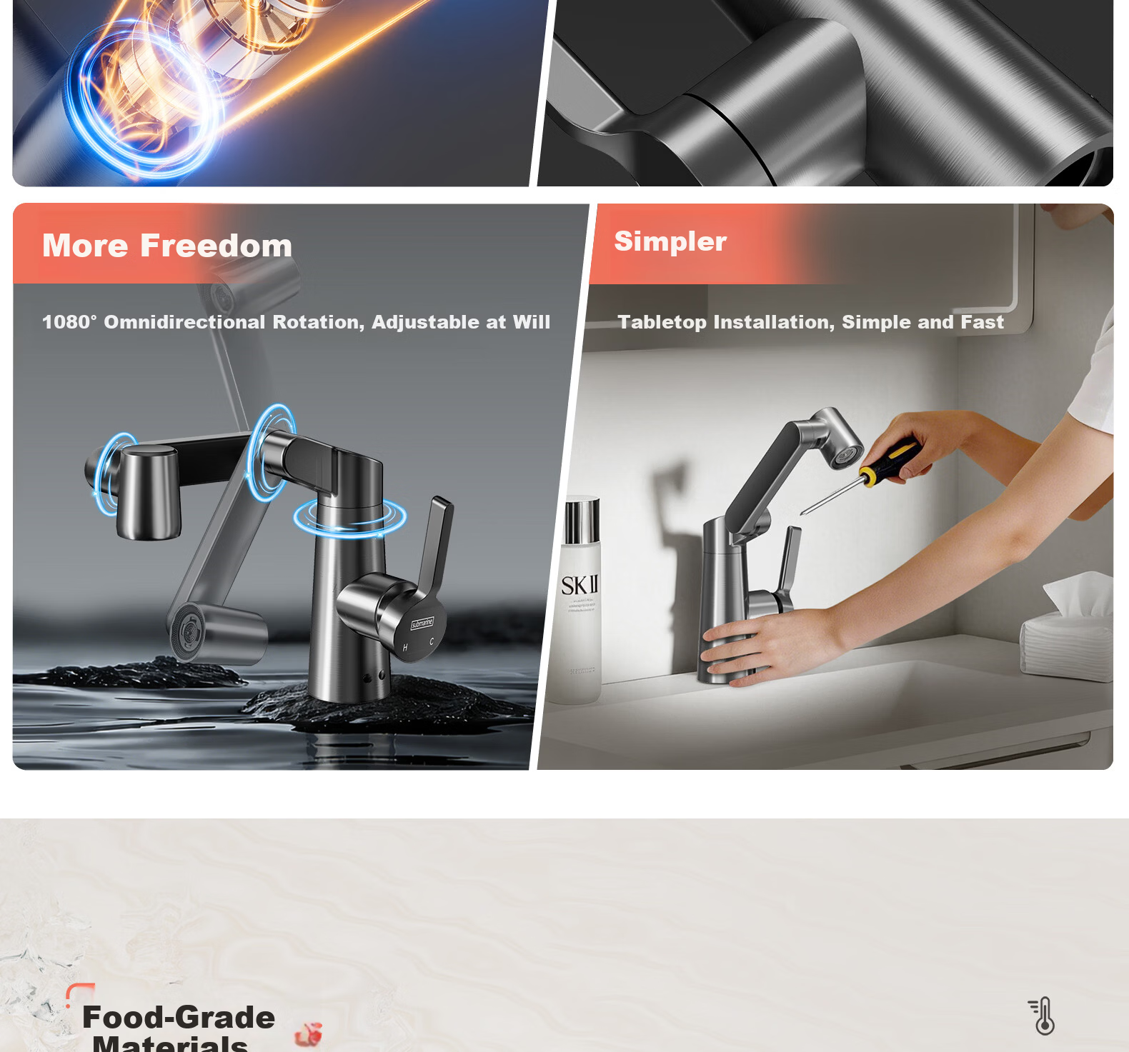 Submarine Mechanical Arm Faucet for Sink Bathroom Basin Under-counter Hot and Cold Water Mixer 2-in-1 Stainless Steel L7112H 9