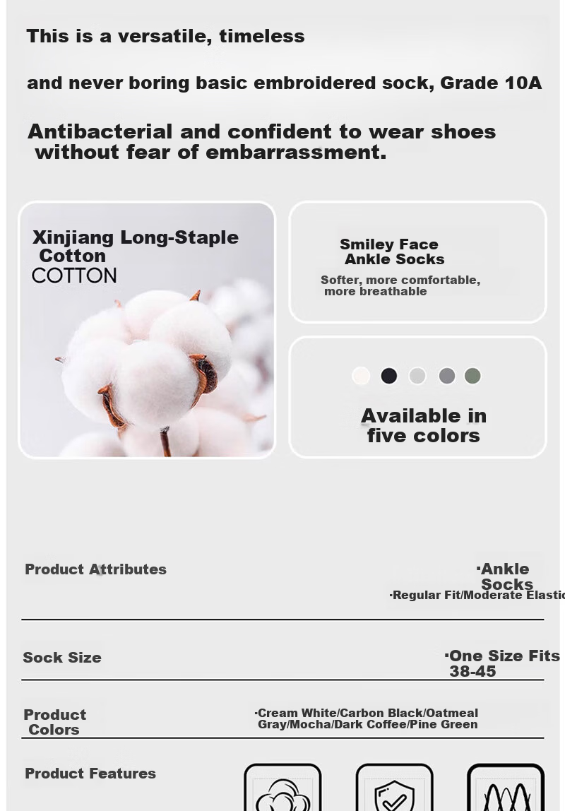 Mian Shisan Men's Short Socks 100% Cotton 10A Antibacterial Thin Odor-Resistant Spring Summer Smiley Face Sports Ankle Socks 6 Pairs 2