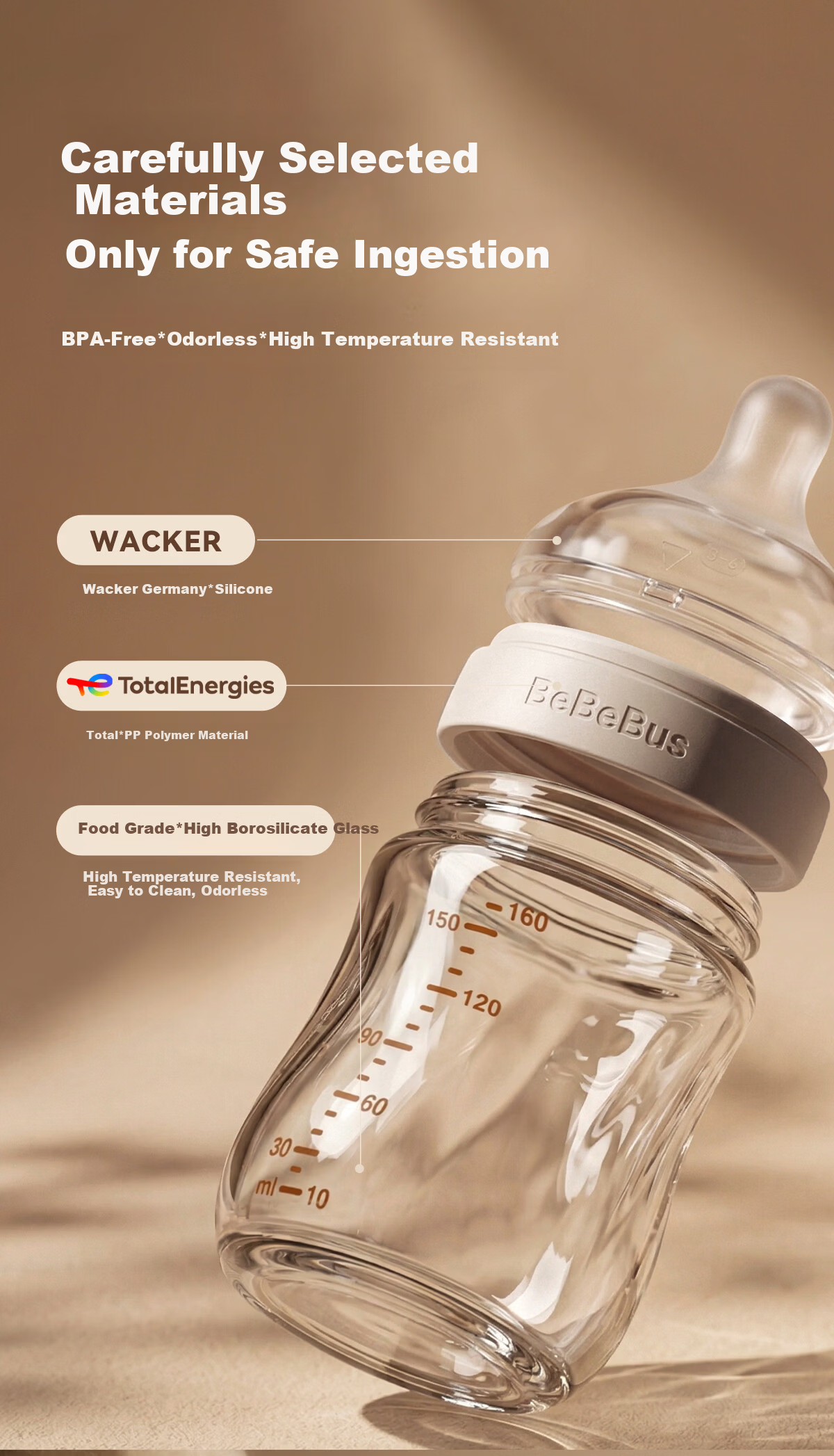 Bebebus Newborn Baby Bottle 0-1 Month Anti-Colic Glass Infant Bottle with Breast-Like Nipple 160ml 12