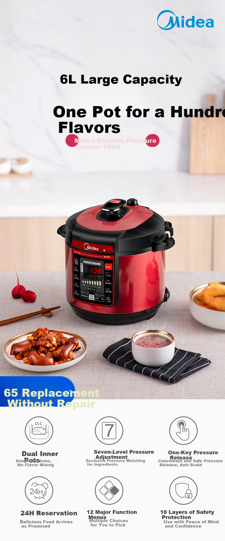 Midea 6L Electric Pressure Cooker, Large Capacity, 7 Adjustable Pressure Levels, Household Rice Cooker for 5-8 People, Fully Automatic Smart Reservation, Open-Lid Cooking, Soup and Rice Cooker MY-QC60 1
