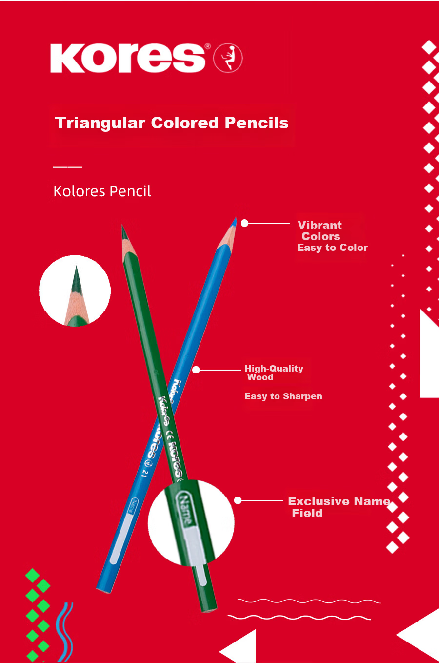 KORES Europe High-Quality Children's Premium Colored Pencils Kindergarten and Elementary School Special Non-Staining Triangular Colored Pencils Standard Barrel 12 Pieces Double-Ended 24 Colors Set 6