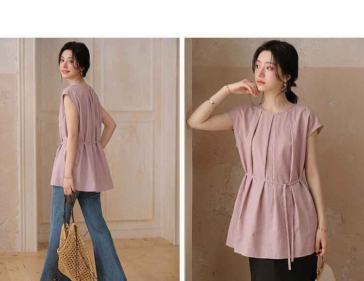 Demana Sun Protection Quick-Dry Sorona Summer Simple Style Pleated Round Neck Cap Sleeve Self-Fabric Belt Shirt for Women Premium Feel 14
