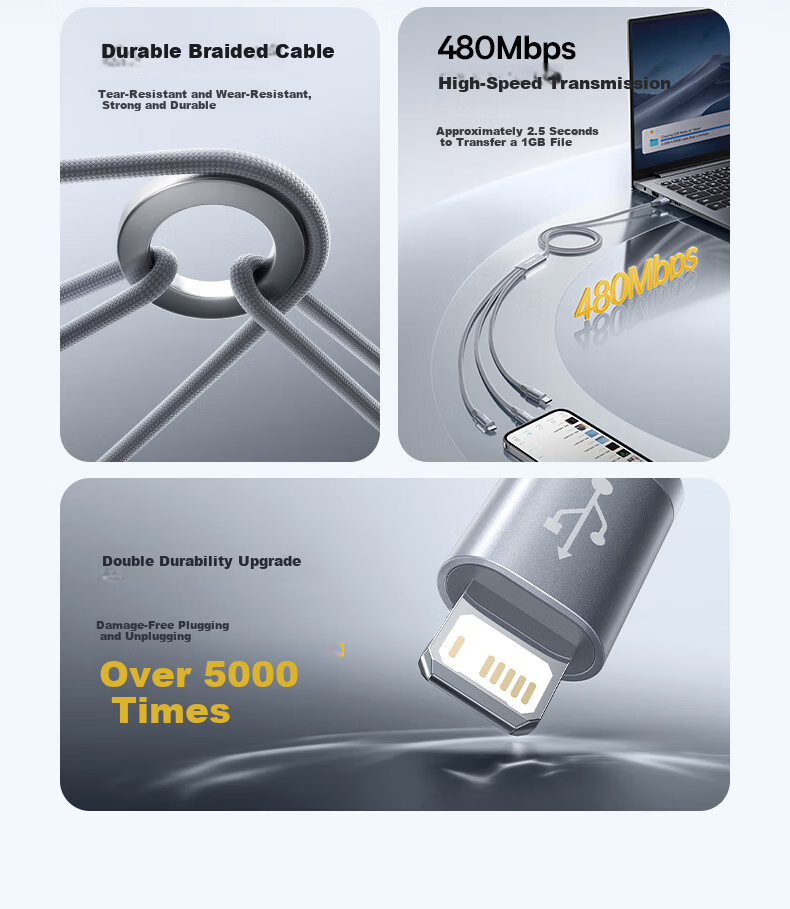 Baseus 3-in-1 Braided Charging Cable Type-C Apple Android 3.5A Fast Charge Multi-Device Cable for iPhone 17/16/15 Xiaomi Huawei Honor 1.2m Gray 4