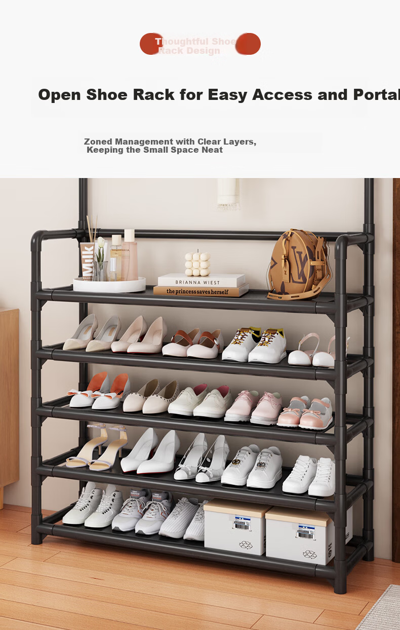 Yimo Multi-Layer Shoe Rack Home Entryway Simple Shoe and Hat Cabinet Dormitory Storage Shelf 5-Tier 80cm Side Cloth 9