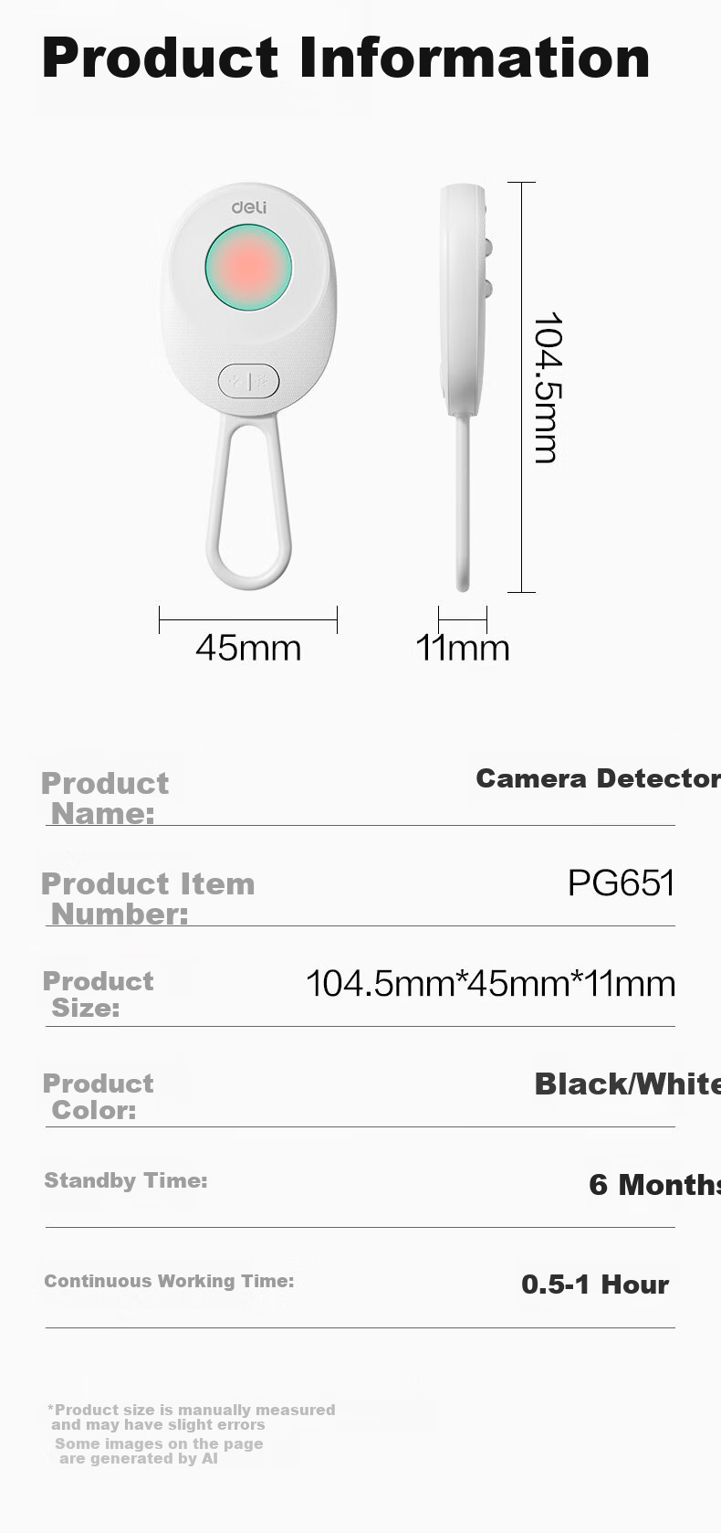 Deli Large Window Camera Detector Magnetic Phone Camera Scanner Hotel Anti-Surveillance Wireless Infrared Signal Detector Portable Rechargeable White PG655 12