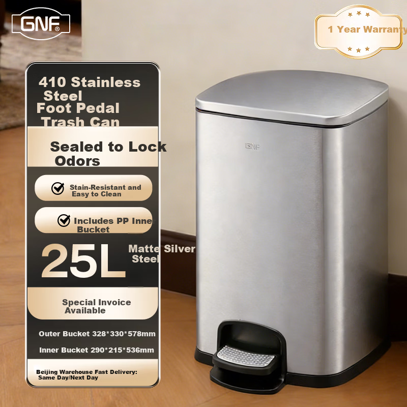 GNF 40L Stainless Steel Pedal Trash Can with Lid Large Commercial Foot Pedal Bin for Hotel Lobby Mall Museum Office Hospital