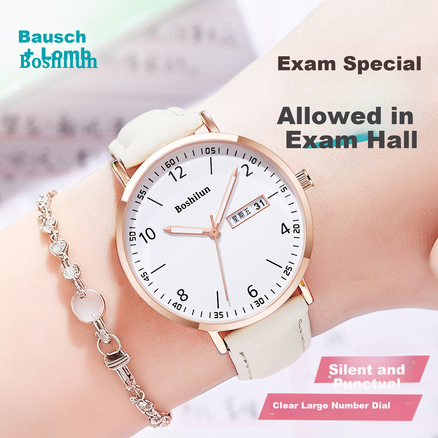 Bausch & Lomb Silent Quartz Exam Watch for Girls High School Students Fashionable Gift