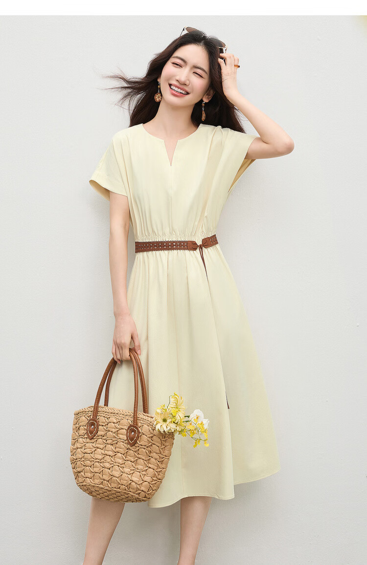 Shangdu Bila Elegant Round V-Neck Korean Style Summer Dress for Women Pear-Shaped Slimming A-Line Dress with Raglan Sleeves Casual Long Dress 17