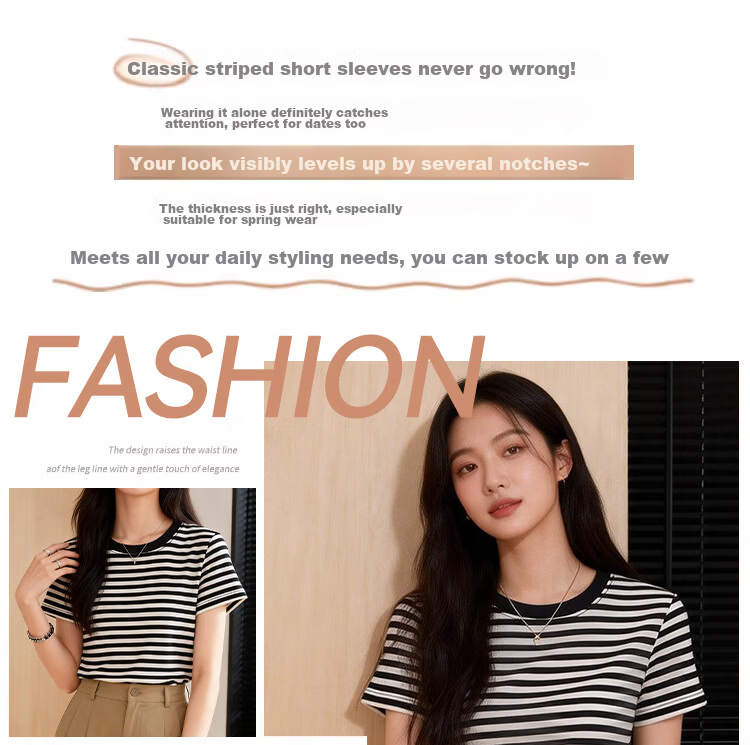 Yiershuang Women's Summer Base Layer T-Shirt, Lyocell Tencel Thin Striped Slimming Short Sleeve Top 2