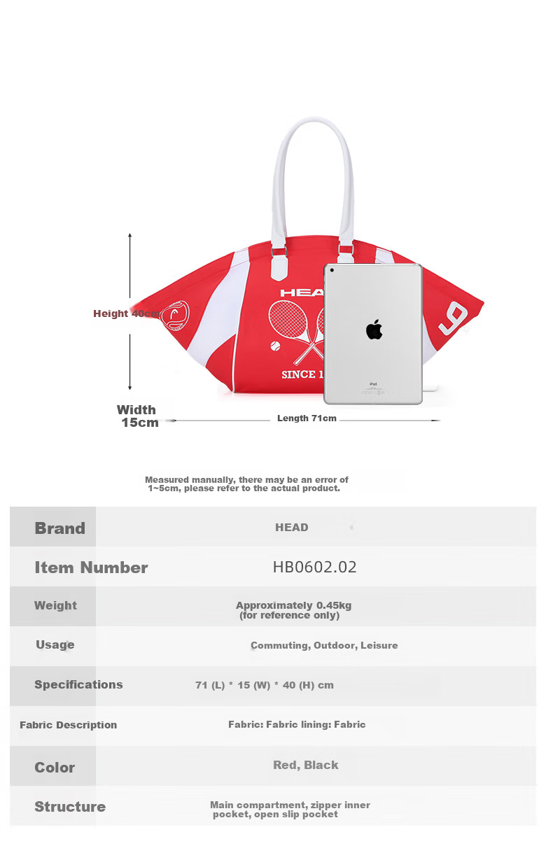 HEAD Tennis Bag BOOM Handheld Badminton Bag Unisex Shoulder Bag High-Value Storage Large Capacity Lightweight Wing Bag 6