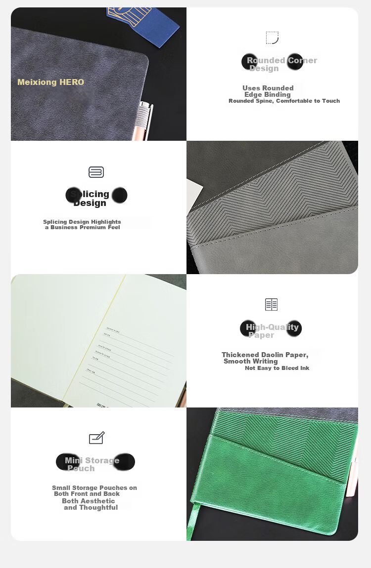 HERO New A5 Business Notebook Thickened Hard Cover Soft Leather Simple High-End Gift Meeting Portable Office Stationery Lined Detachable Diary Journal Binder 6
