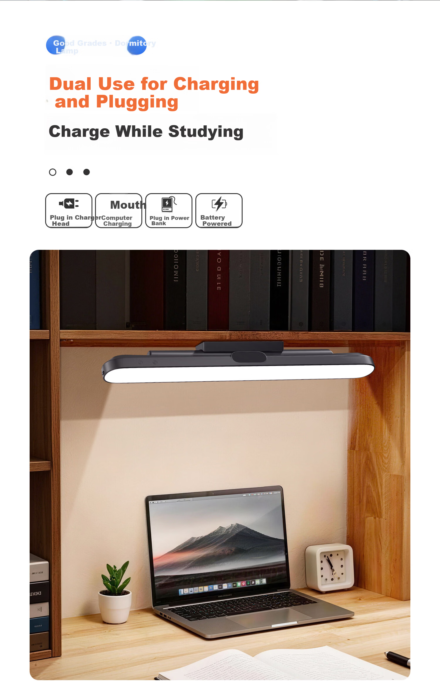 XLYS Desk Lamp College Dormitory Bedside Magnetic Reading Lamp Rechargeable Eye Protection Study Cool Lamp with Long Battery Life 5