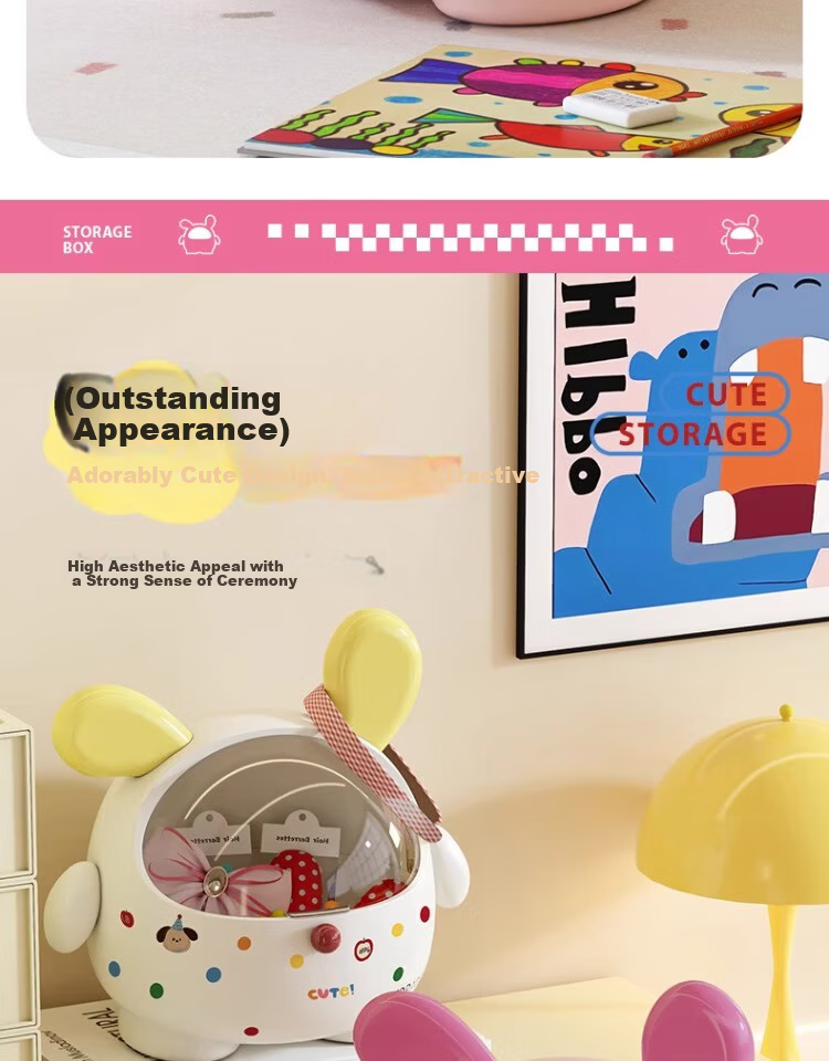 JiaDu Desktop Storage Box with Lid Large Capacity Dustproof Children's Hair Accessories Snack Stationery Cute Storage Bucket Display Rack 9